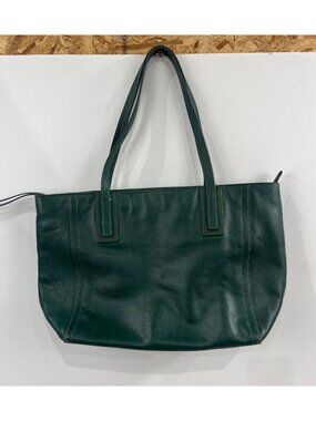 Fossil Green Leather Tote Bag Double Handles Zipper Closure Vintage Purse